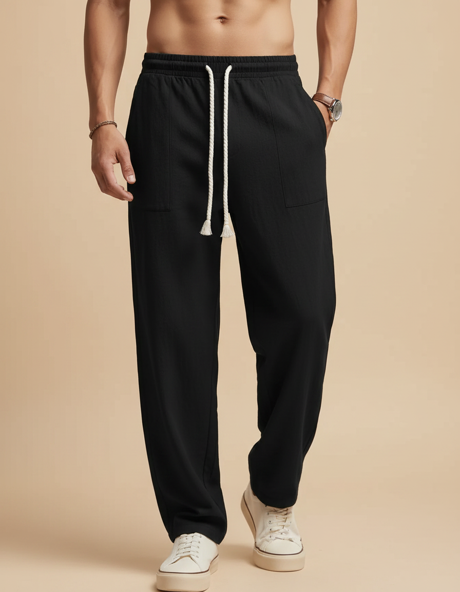 Pantalon Chinois Noir Ample Coton Lin Décontracté