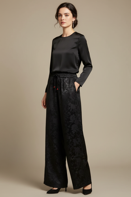 Pantalon Chinois Noir Jacquard Satin Ample Élégant Femme