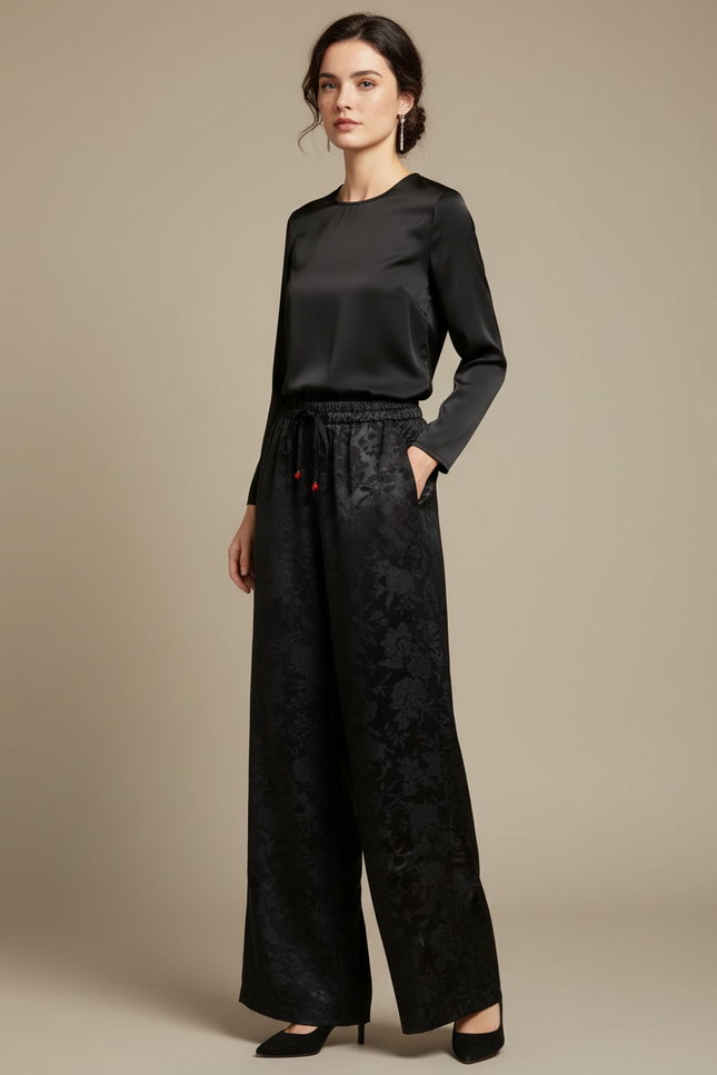 Pantalon Chinois Noir Jacquard Satin Ample Élégant Femme