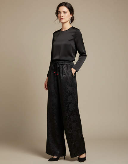 Pantalon Chinois Noir Jacquard Satin Ample Élégant Femme