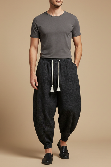 Pantalon Chinois Noir Jacquard Ample Décontracté Homme - Molleton