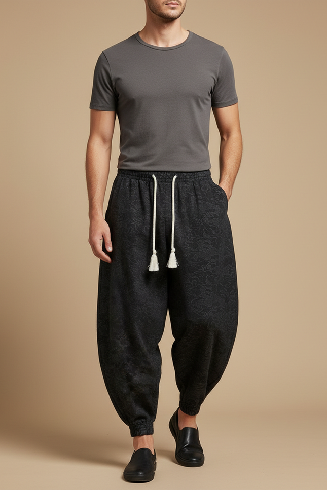 Pantalon Chinois Noir Jacquard Ample Décontracté Homme - Molleton
