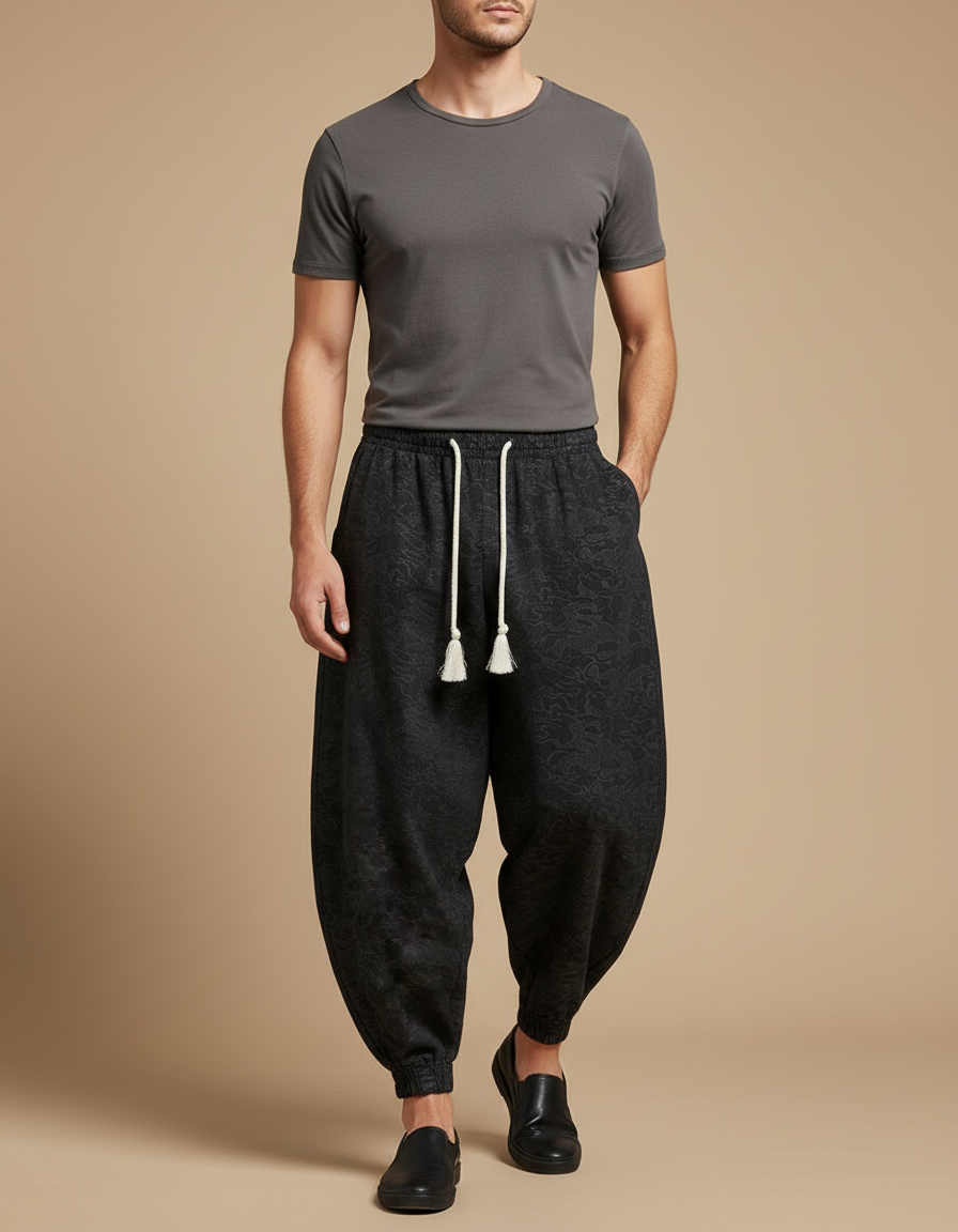 Pantalon Chinois Noir Jacquard Ample Décontracté Homme - Molleton