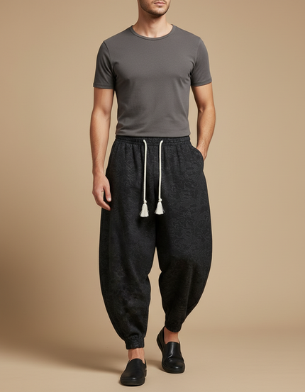 Pantalon Chinois Noir Jacquard Ample Décontracté Homme - Molleton