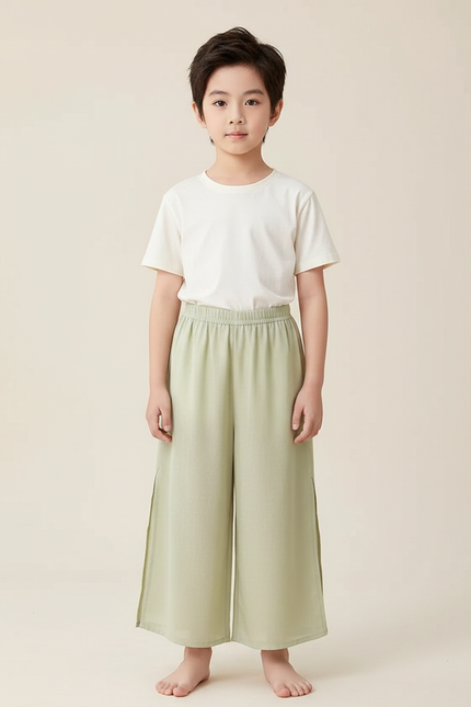 Pantalon Chinois Vert Ample Fendu Coton Enfant