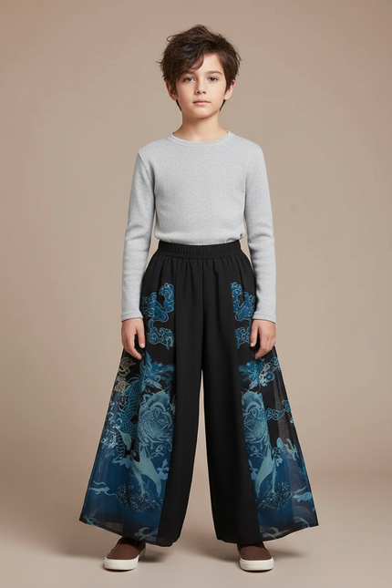 Pantalon Chinois Noir Ample Imprimé Dragon Fluide - Polyester