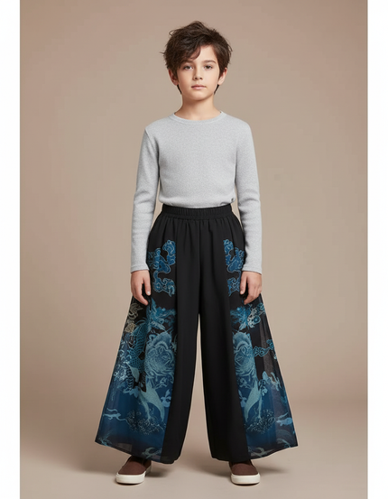 Pantalon Chinois Noir Ample Imprimé Dragon Fluide - Polyester