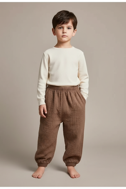 Pantalon Chinois Garçon Ample Lin - Marron Molleton