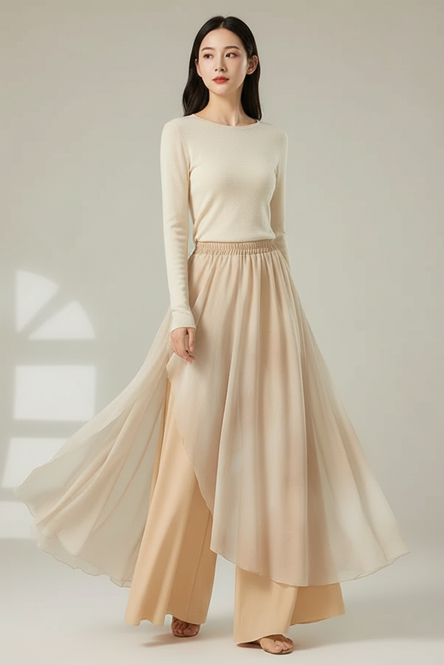 Pantalon Chinois Fluide Ample Superposé Beige Élégant - Viscose