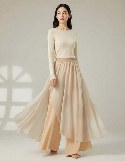 Pantalon Chinois Fluide Ample Superposé Beige Élégant - Viscose