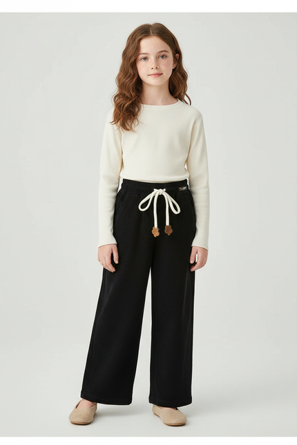 Pantalon Chinois Fille Noir Large - Cordé