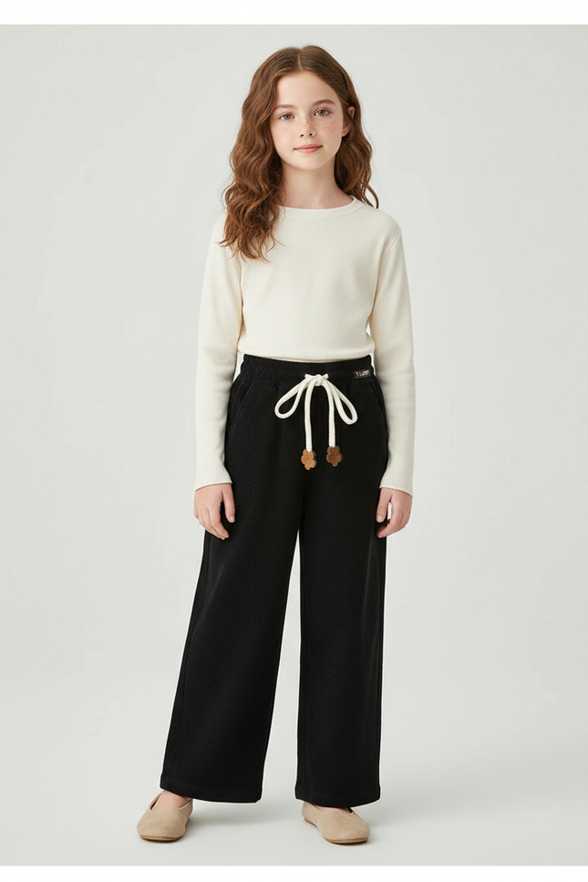 Pantalon Chinois Fille Noir Large - Cordé