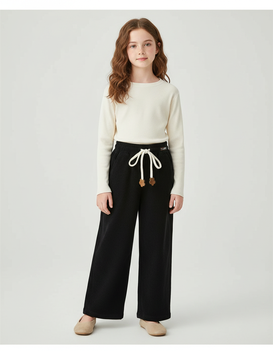 Pantalon Chinois Fille Noir Large - Cordé