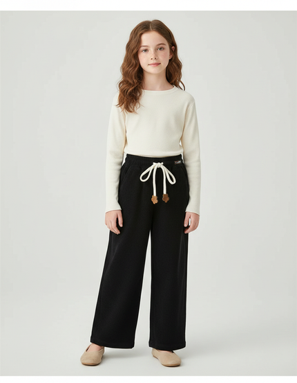 Pantalon Chinois Fille Noir Large - Cordé
