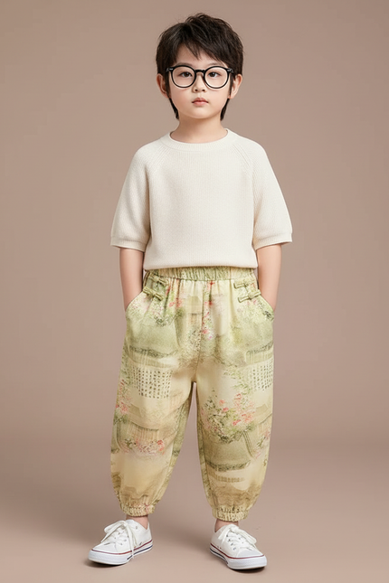Pantalon Chinois Jaune Vert Ample Imprimé Floral Enfant - Multicolore Viscose