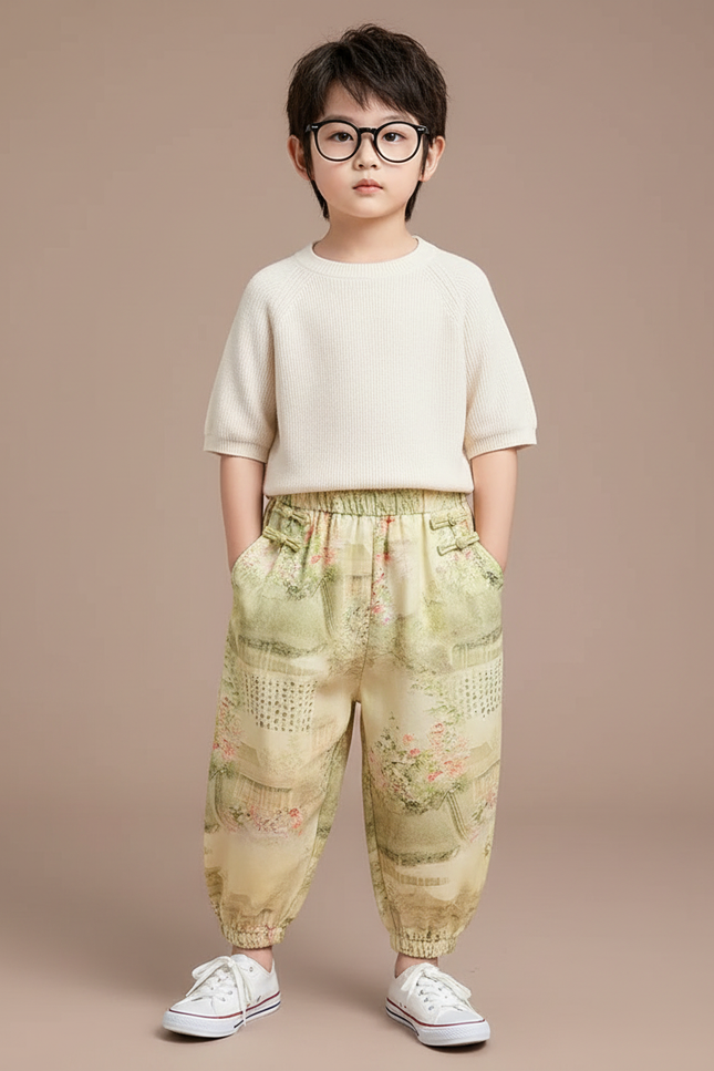 Pantalon Chinois Jaune Vert Ample Imprimé Floral Enfant - Multicolore Viscose