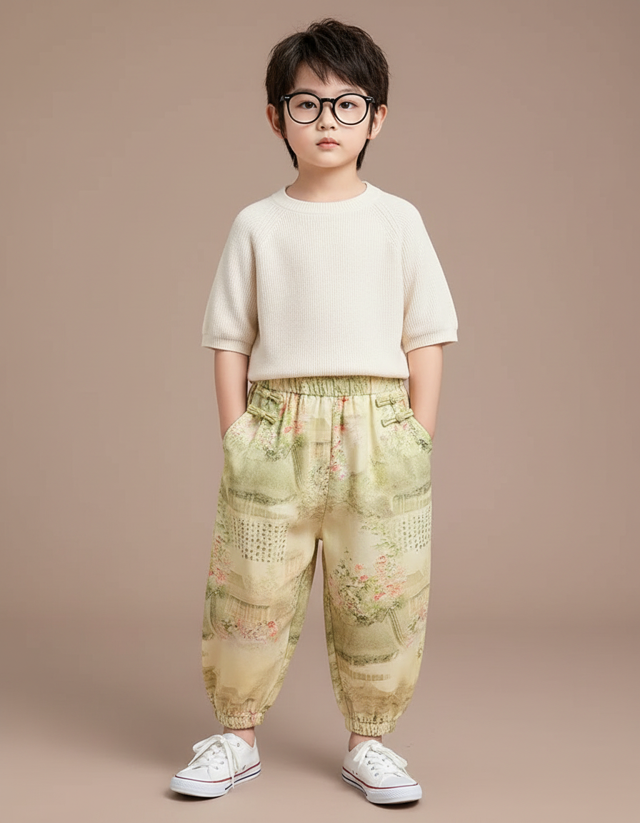 Pantalon Chinois Jaune Vert Ample Imprimé Floral Enfant - Multicolore Viscose