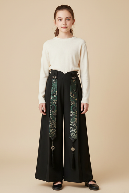Pantalon Chinois Noir Ample Ruban Brodé Enfant - Gabardine