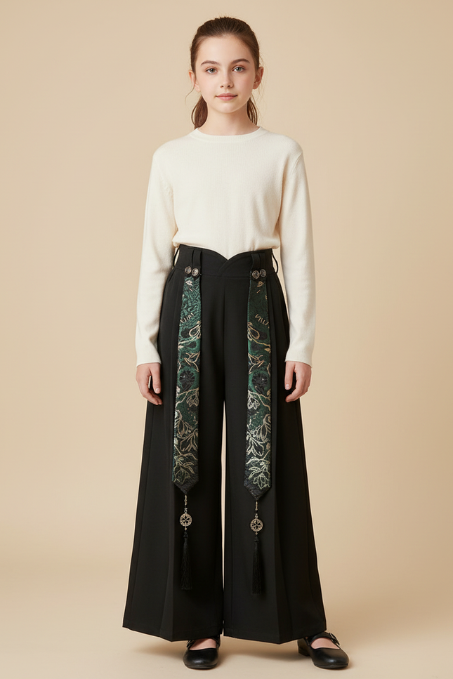 Pantalon Chinois Noir Ample Ruban Brodé Enfant - Gabardine
