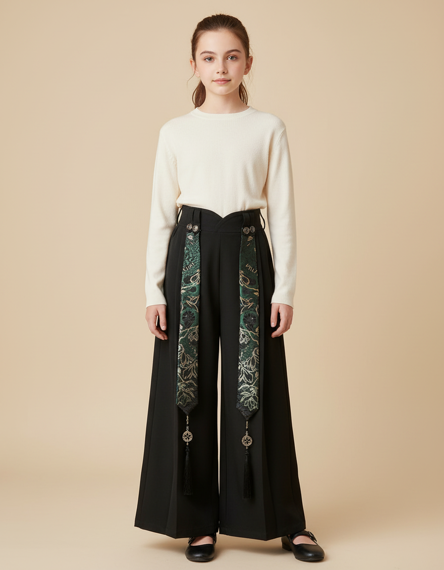 Pantalon Chinois Noir Ample Ruban Brodé Enfant - Gabardine