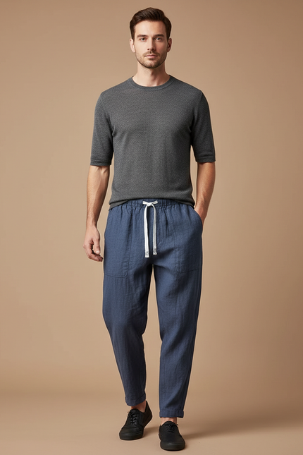 Pantalon Chinois Lin Bleu Marine Décontracté Homme