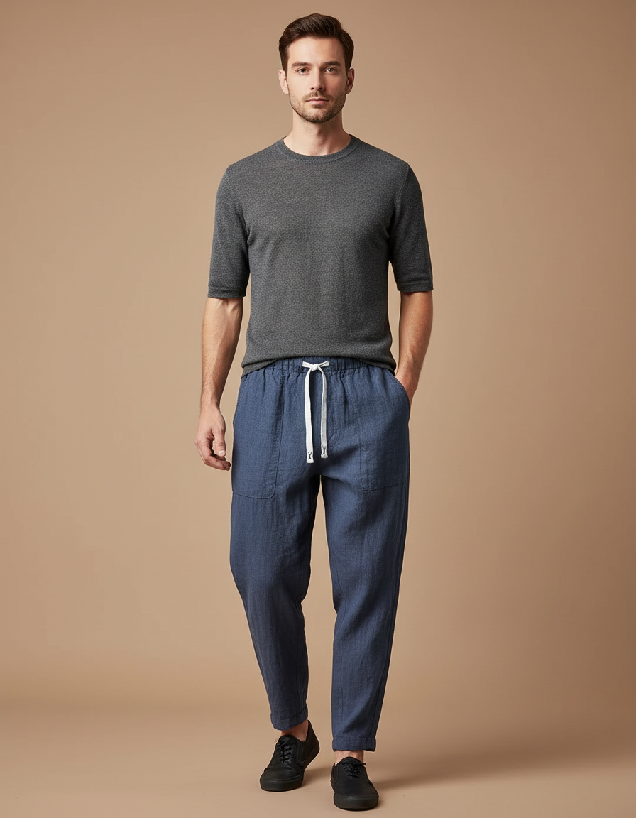 Pantalon Chinois Lin Bleu Marine Décontracté Homme