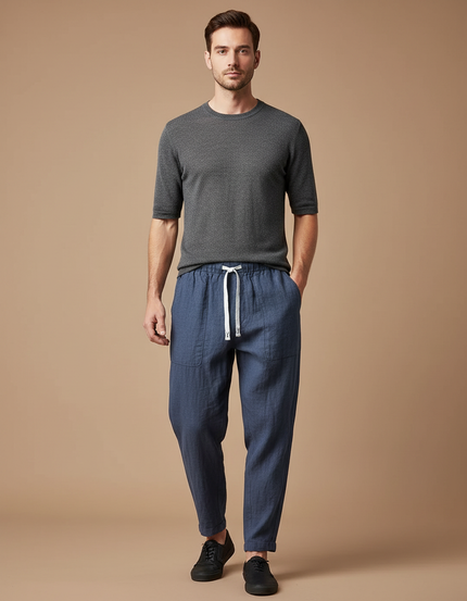 Pantalon Chinois Lin Bleu Marine Décontracté Homme