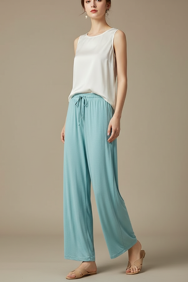 Pantalon Chinois Fluide Bleu Ciel Large Élégant Femme - Viscose