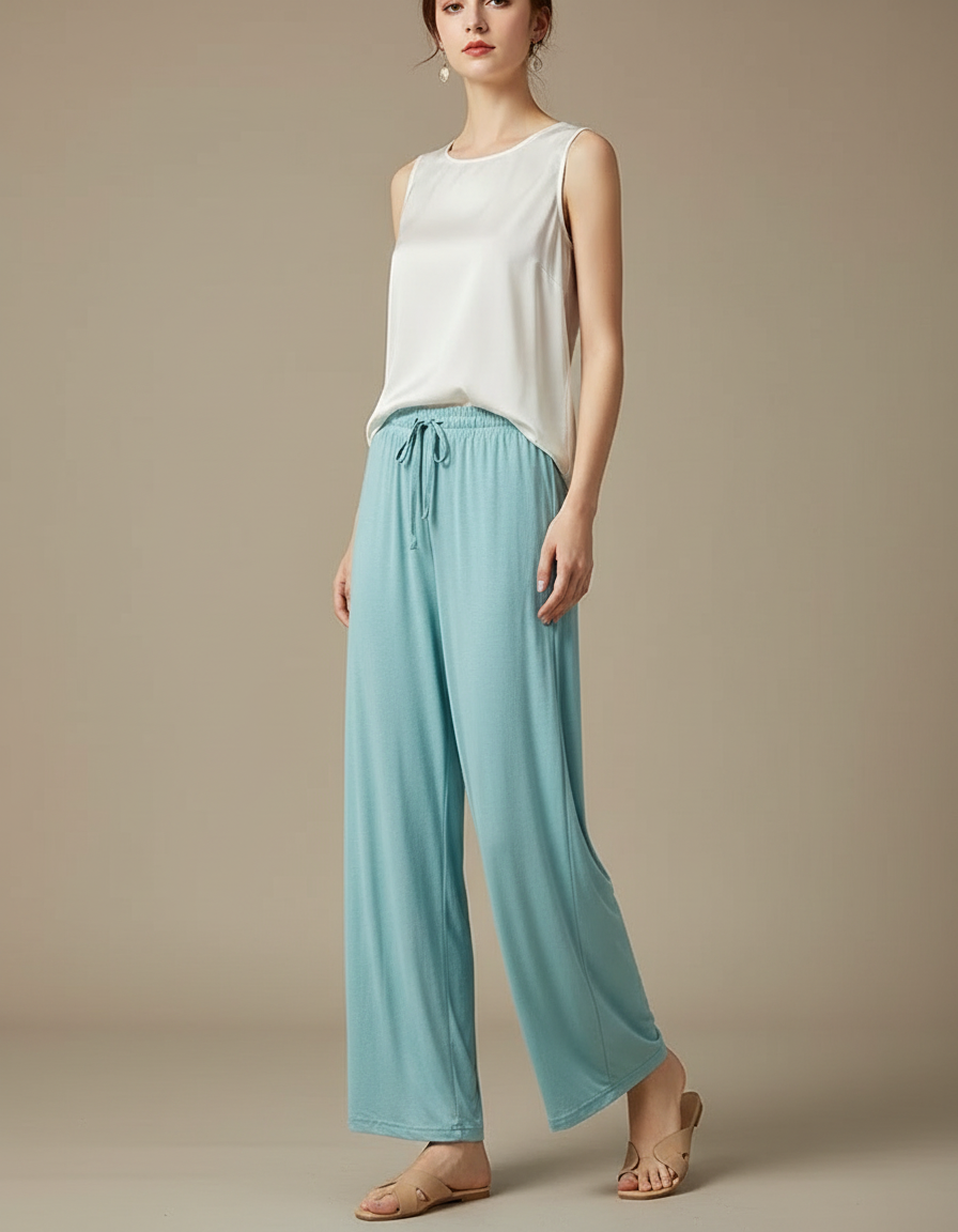 Pantalon Chinois Fluide Bleu Ciel Large Élégant Femme - Viscose