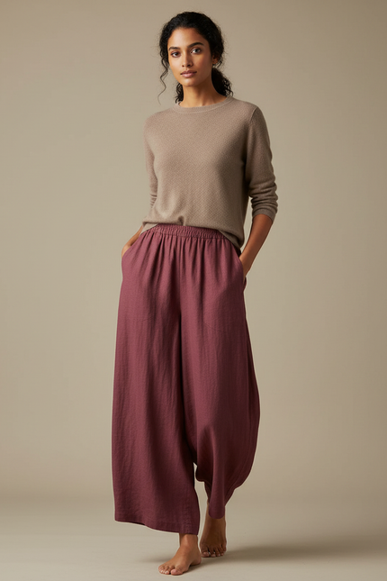 Pantalon Chinois Ample Lin Bordeaux Fluide Décontracté