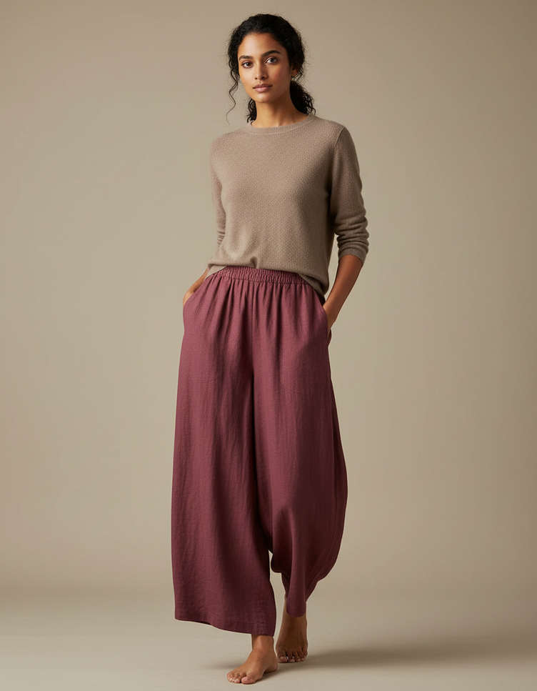 Pantalon Chinois Ample Lin Bordeaux Fluide Décontracté