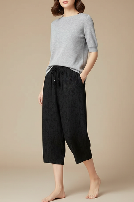 Pantalon Chinois Noir Ample Texturé Fluide Femme - Viscose