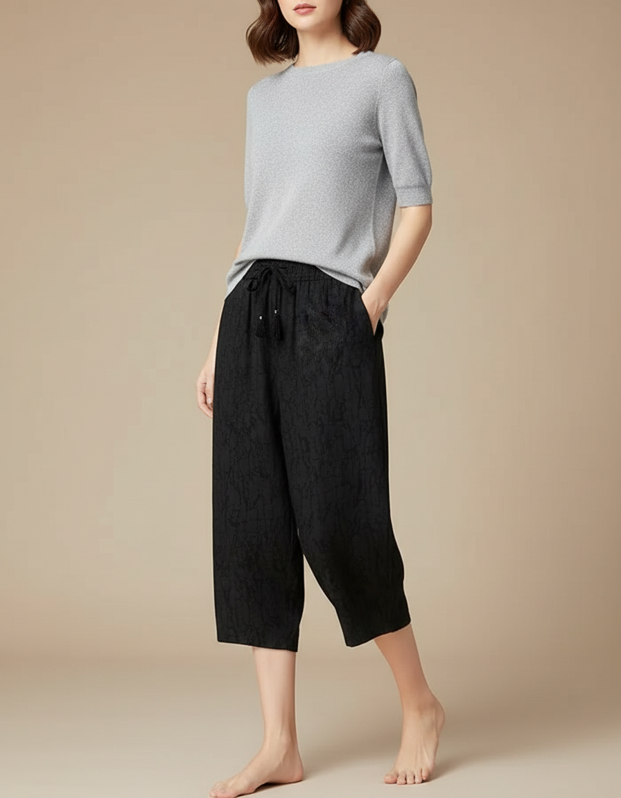 Pantalon Chinois Noir Ample Texturé Fluide Femme - Viscose