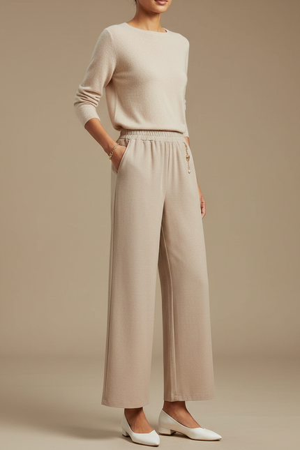 Pantalon Chinois Beige Ample Fluide Décontracté Femme - Maille