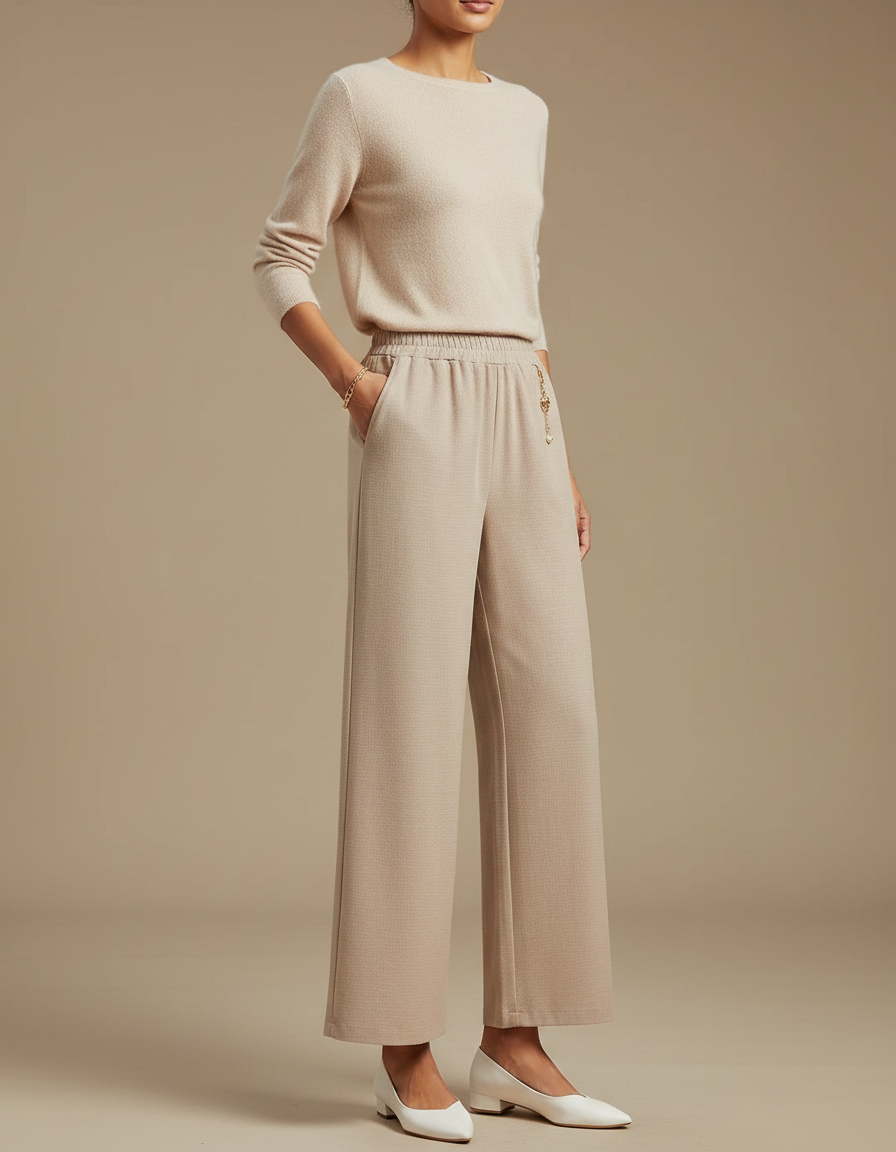 Pantalon Chinois Beige Ample Fluide Décontracté Femme - Maille