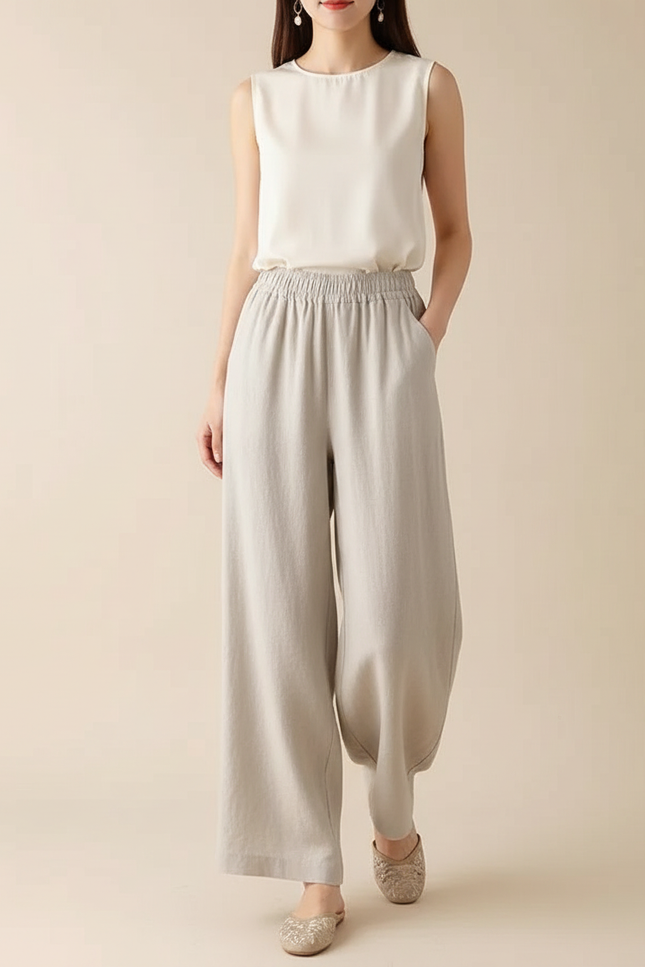 Pantalon Chinois Lin Coton Ample Fluide Décontracté - Beige