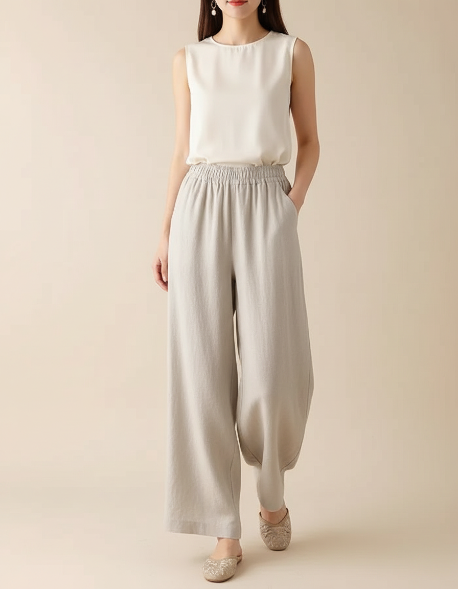 Pantalon Chinois Lin Coton Ample Fluide Décontracté - Beige