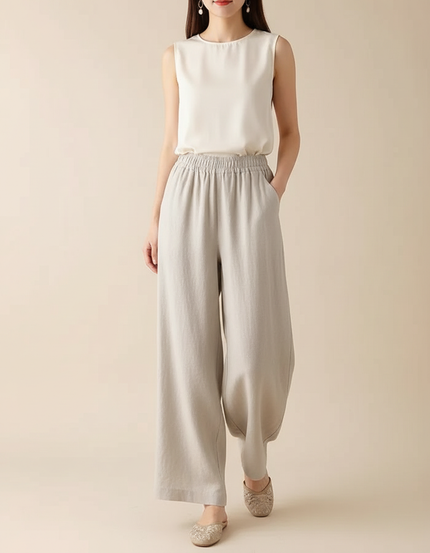 Pantalon Chinois Lin Coton Ample Fluide Décontracté - Beige