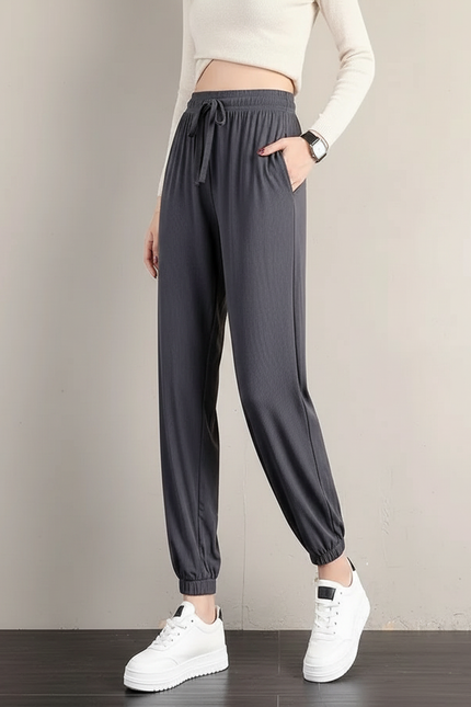 Pantalon Chinois Gris Fluide Cordon Chevilles Élastiquées - Maille