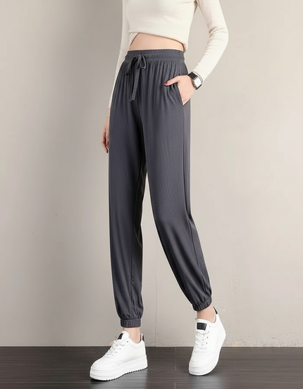 Pantalon Chinois Gris Fluide Cordon Chevilles Élastiquées - Maille