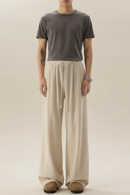 Pantalon Chinois Lin Ample Cordon Beige Décontracté Homme