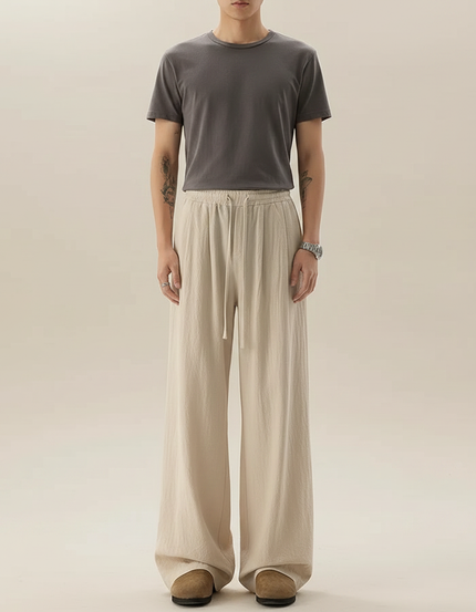 Pantalon Chinois Lin Ample Cordon Beige Décontracté Homme