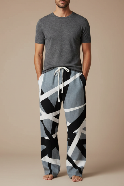 Pantalon Chinois Géométrique Noir Blanc Ample Cordon Homme - Multicolore Lin