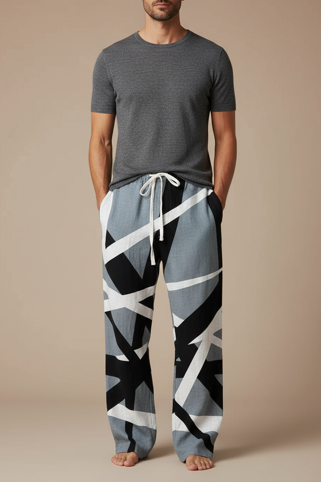 Pantalon Chinois Géométrique Noir Blanc Ample Cordon Homme - Multicolore Lin