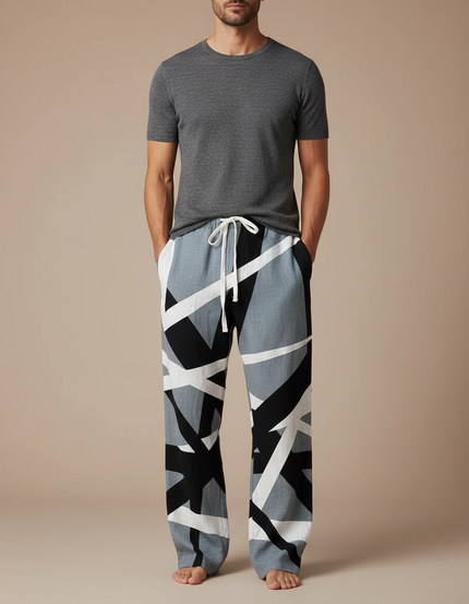 Pantalon Chinois Géométrique Noir Blanc Ample Cordon Homme - Multicolore Lin