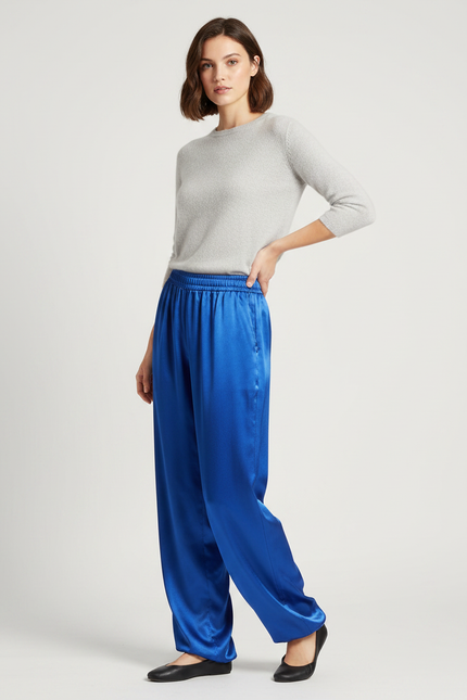 Pantalon Chinois Bleu Satin Fluide Ample Élégant
