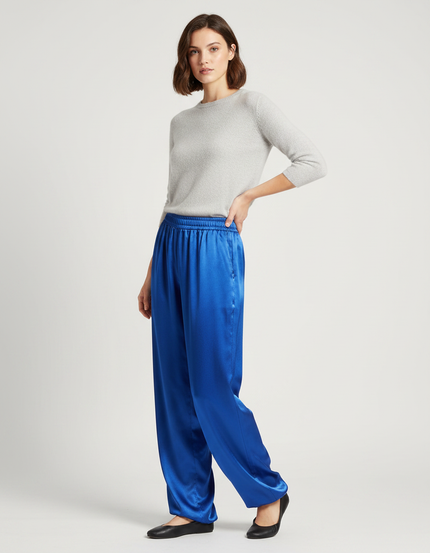 Pantalon Chinois Bleu Satin Fluide Ample Élégant