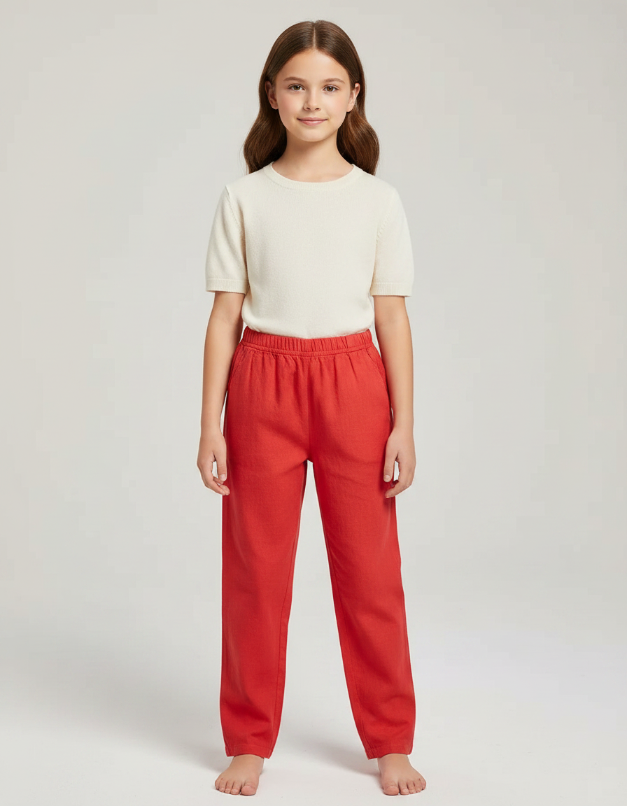 Pantalon Chinois Rouge Ample Coton Enfant - Lin