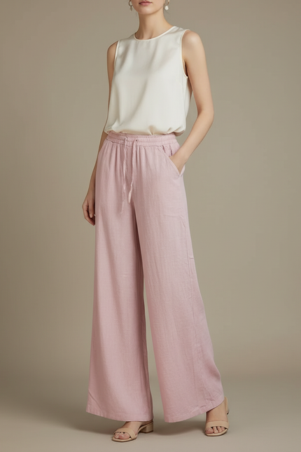 Pantalon Chinois Rose Lin Ample Fluide Cordon