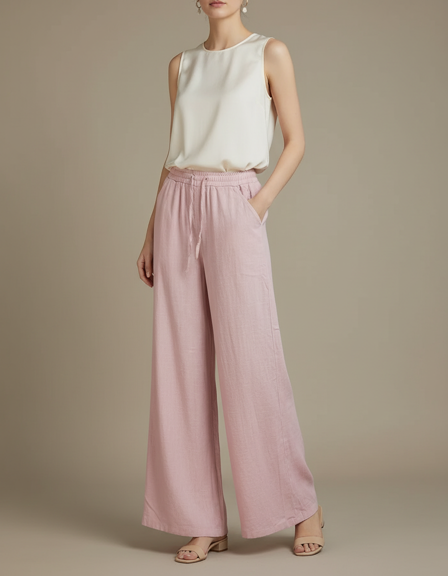 Pantalon Chinois Rose Lin Ample Fluide Cordon